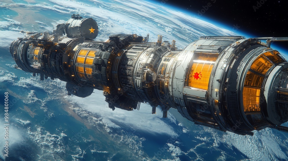 A space station orbiting Earth. The interior is equipped for living and working A space station orbiting Earth. The interior is equipped for living and working