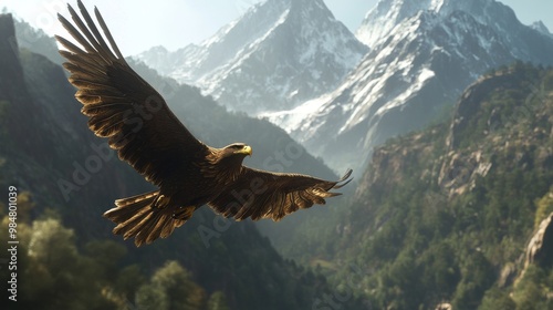 The beauty and freedom of nature can be seen in the majestic flight of an eagle at sunrise over a breathtaking mountain landscape photo