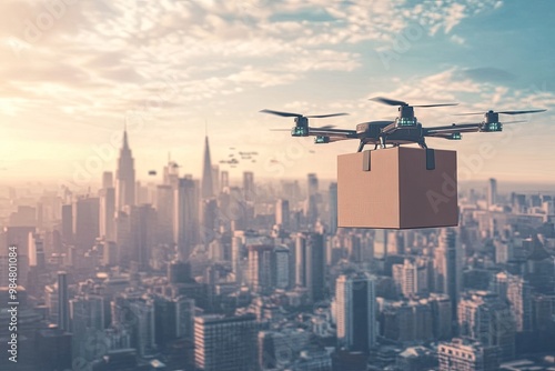 Fast delivery concept with a drone carrying a shopping package over a city