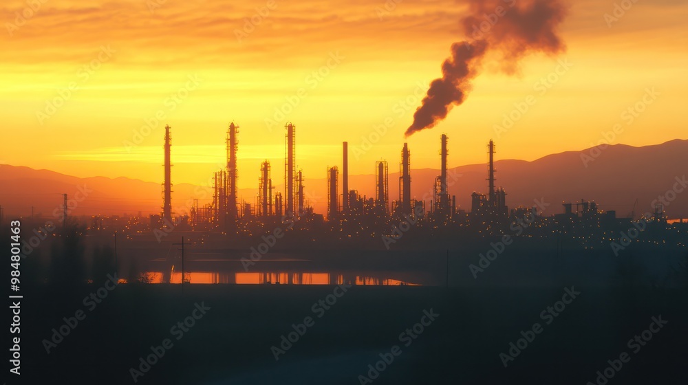 Oil and gas production facilities with large refineries, storage tanks, and flares Oil and gas production facilities with large refineries, storage tanks, and flares