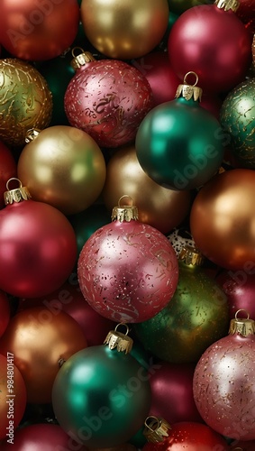 Christmas ornaments in red, green, gold, and pink with shiny finishes.