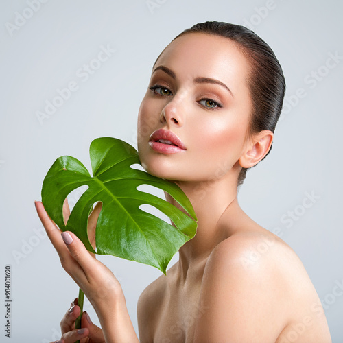 Beautiful woman with green leave near face and body.  Closeup girl's face with green leave. Skin care beauty treatments concept. photo