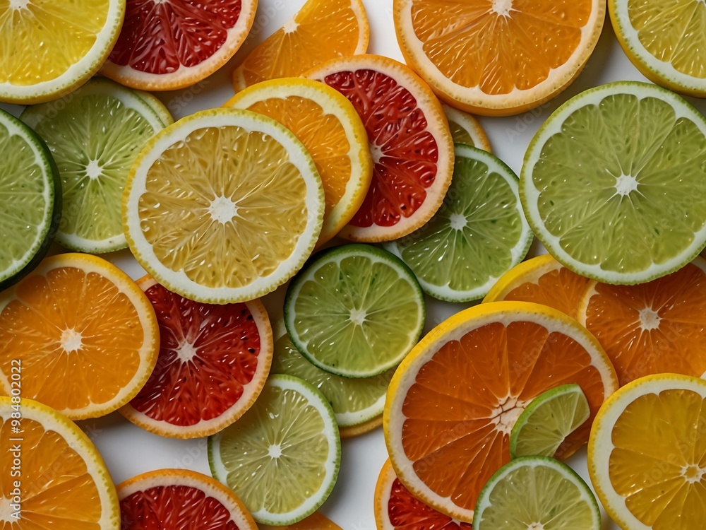 Citrus slices (lemon, lime, and orange) arranged in a vibrant fan on a white background. Citrus slices (lemon, lime, and orange) arranged in a vibrant fan on a white background.