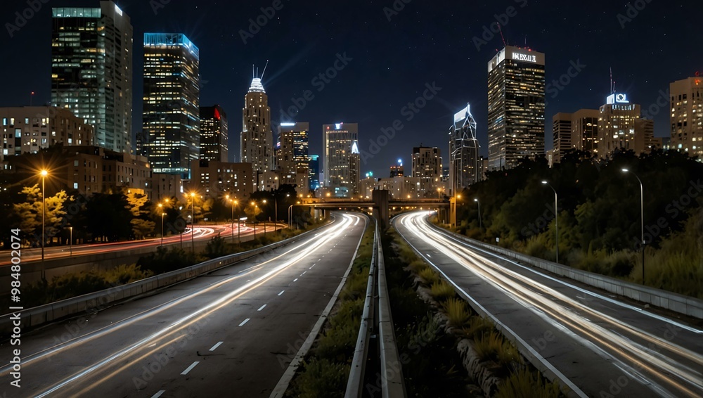 City lights and highway trails create a vibrant nighttime scene. City lights and highway trails create a vibrant nighttime scene.