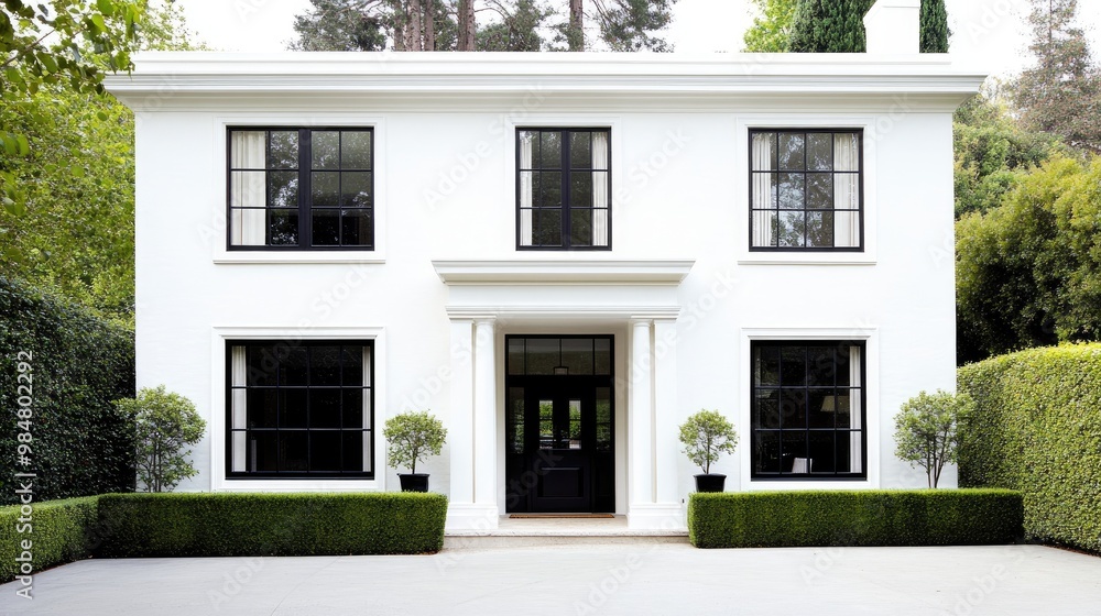 A charming farmhouse showcases its traditional architecture with black windows and a grand front door, complemented by lush green hedges in the background A charming farmhouse showcases its traditional architecture with black windows and a grand front door, complemented by lush green hedges in the background