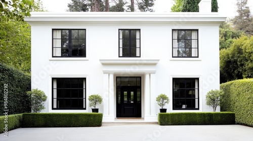 A charming farmhouse showcases its traditional architecture with black windows and a grand front door, complemented by lush green hedges in the background