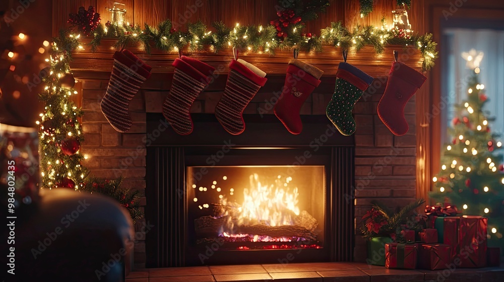 A cozy fireplace with stockings hung neatly above, pine garlands wrapped around the mantle, and glowing holiday lights in the room. A cozy fireplace with stockings hung neatly above, pine garlands wrapped around the mantle, and glowing holiday lights in the room.