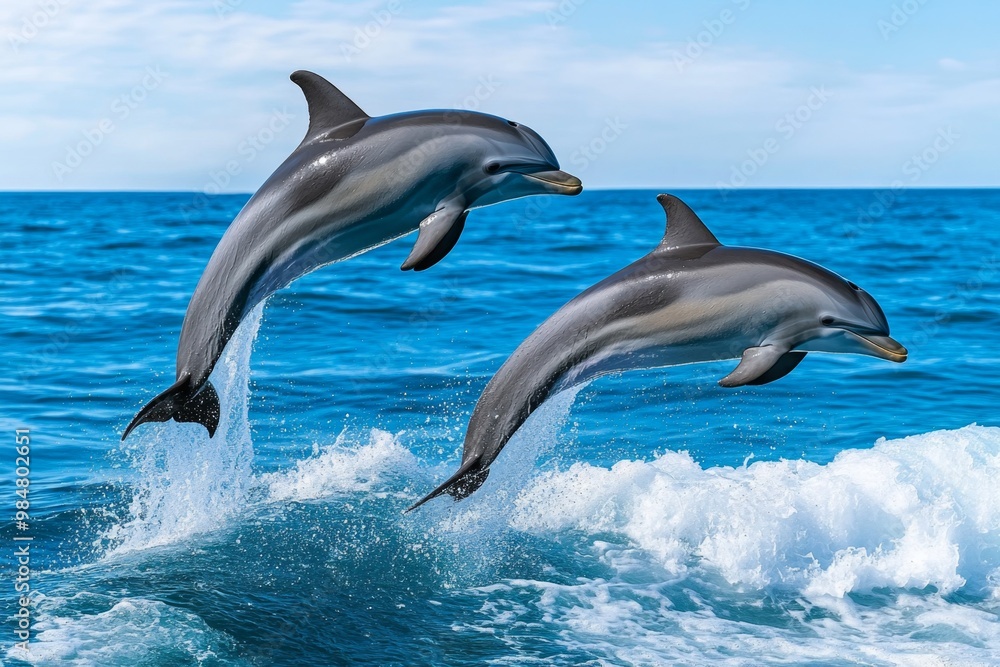 A pair of dolphins jumping out of the ocean, captured mid-air with the waves crashing below them A pair of dolphins jumping out of the ocean, captured mid-air with the waves crashing below them