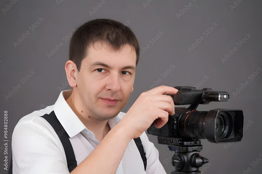 Portrait of a videographer holding a video camera on a tripod Portrait of a videographer holding a video camera on a tripod