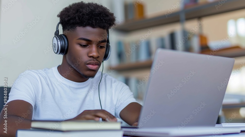 A young student studying online at home, focused on his laptop and wearing headphones in a modern home environment, symbolizing the digital age of learning and remote education A young student studying online at home, focused on his laptop and wearing headphones in a modern home environment, symbolizing the digital age of learning and remote education
