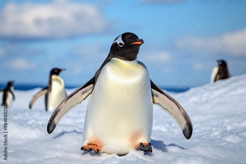 Obraz premium A penguin sliding down an icy slope, surrounded by snow and other penguins waddling in the distance