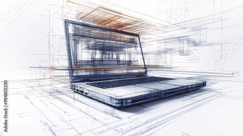 Futuristic laptop design blending digital and mechanical components, detailed blueprint-style wireframe illustration highlighting technological and architectural elements photo