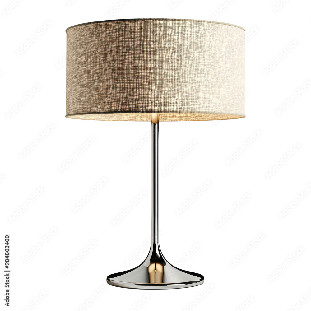 A lamp with a white shade sits on a white background A lamp with a white shade sits on a white background