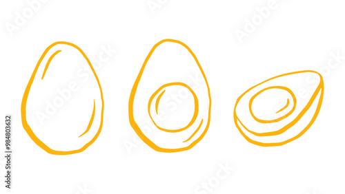 Yellow eggs set doodle drawing, boiled eggs outline illustration, sketch vector simple illustration, white background