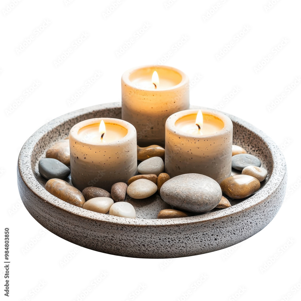 A white bowl with three candles and rocks in it A white bowl with three candles and rocks in it