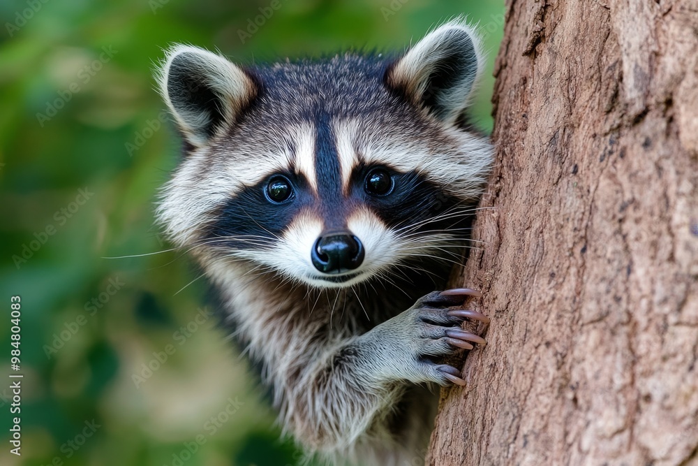 Fototapeta premium A raccoon peeking out from behind a tree, with its little hands holding onto the bark, showcasing its curiosity