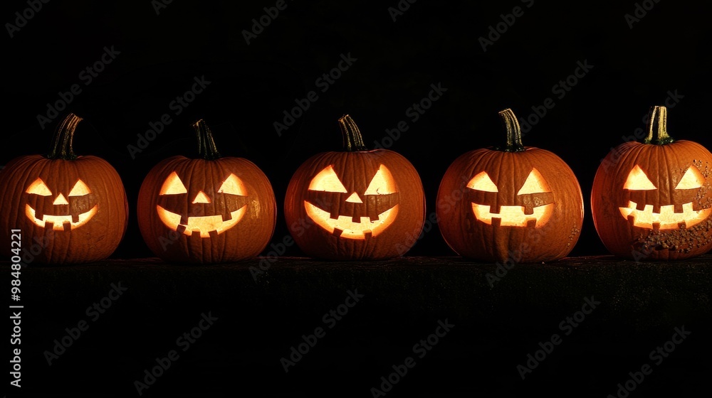 Halloween pumpkins lit up against a black background Halloween pumpkins lit up against a black background