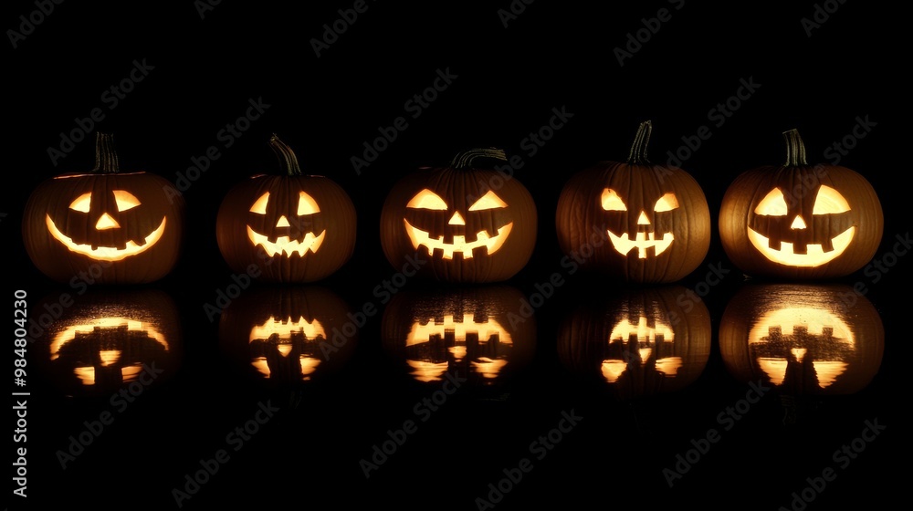 Halloween pumpkins lit up against a black background Halloween pumpkins lit up against a black background
