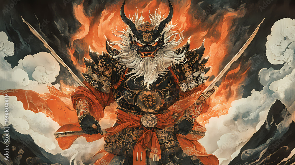 Demon King Robe Fearsome japanese demon king wielding ornate crimson robes and powerful ...