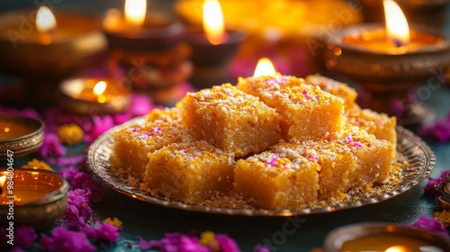 delicious indian dessert on plate on a table celebration Diwali with colorfull background photo