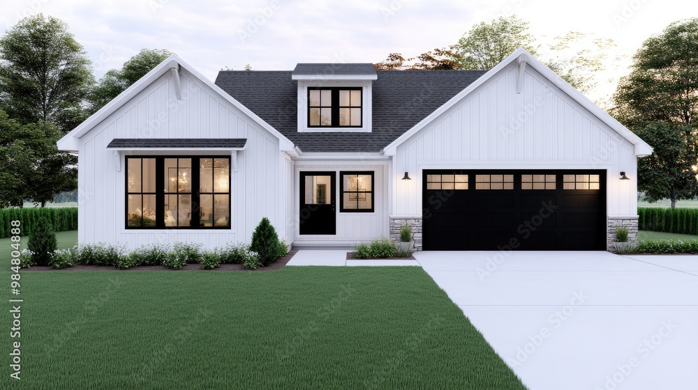 A charming farmhouse showcases its traditional architecture with black windows and a grand front door, complemented by lush green hedges in the background A charming farmhouse showcases its traditional architecture with black windows and a grand front door, complemented by lush green hedges in the background
