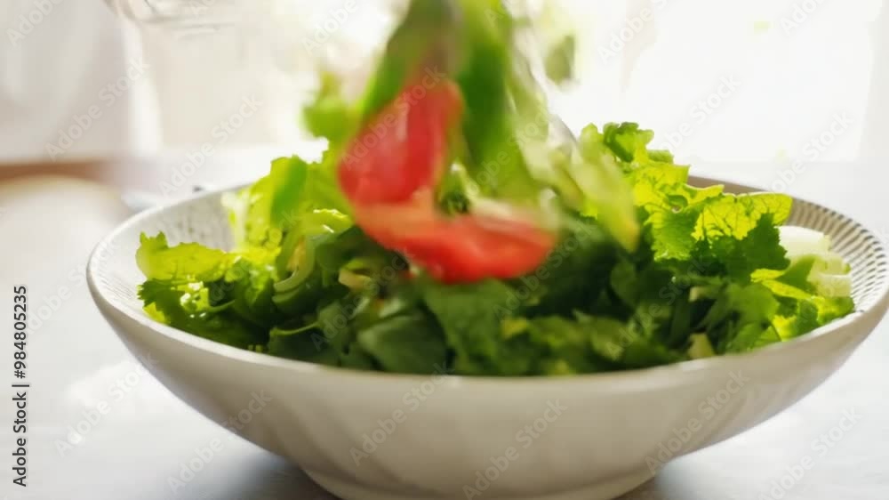 Fresh salad being tossed in a bowl, perfect for a healthy meal. Fresh salad being tossed in a bowl, perfect for a healthy meal.