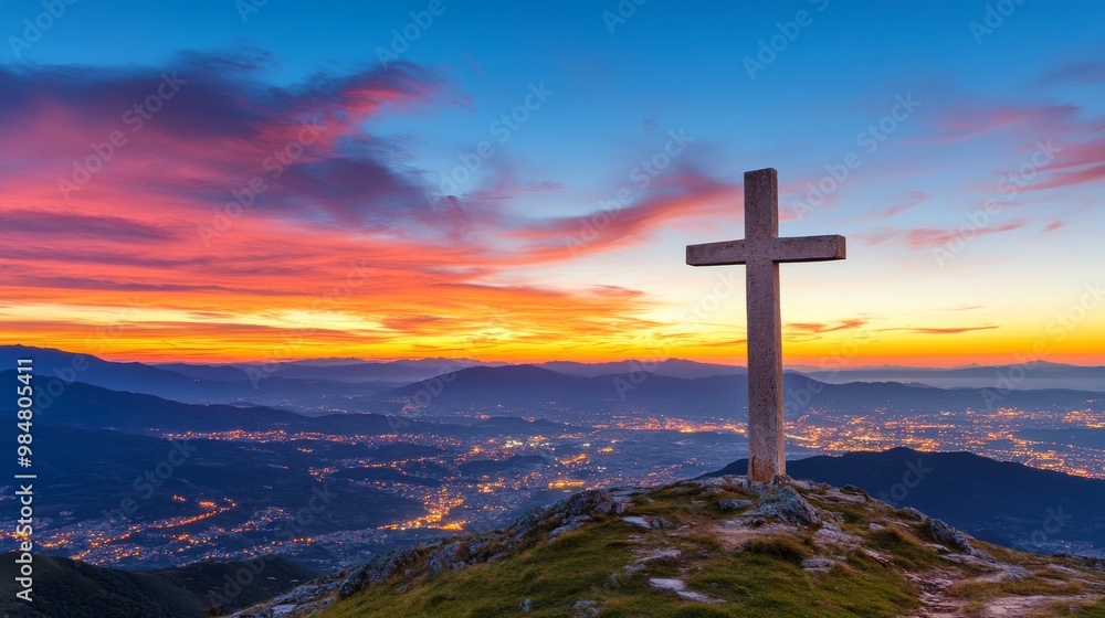 A cross atop a mountain, a beautiful sky, a stunning sunset, an epic scene A cross atop a mountain, a beautiful sky, a stunning sunset, an epic scene