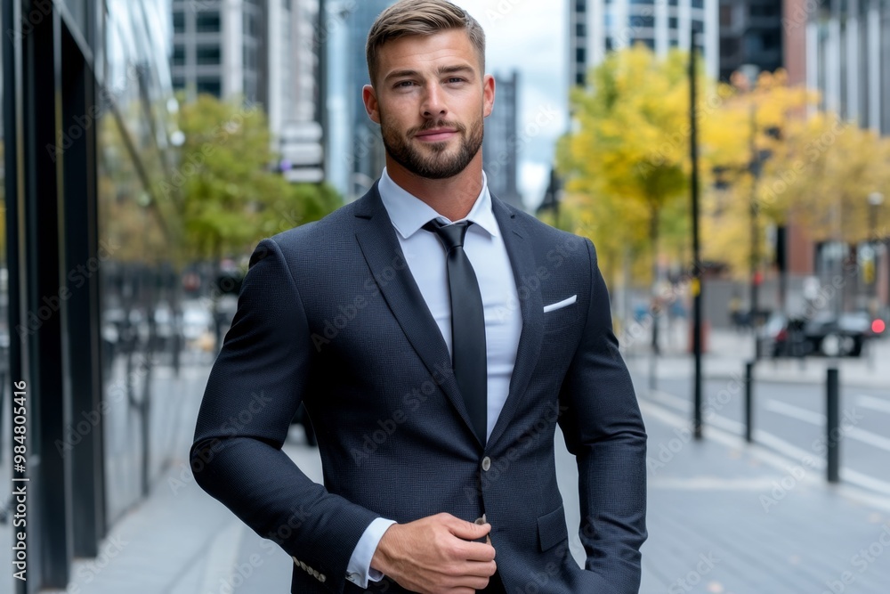 A stylish man in a tailored suit, standing confidently on a city street with modern buildings in the background A stylish man in a tailored suit, standing confidently on a city street with modern buildings in the background
