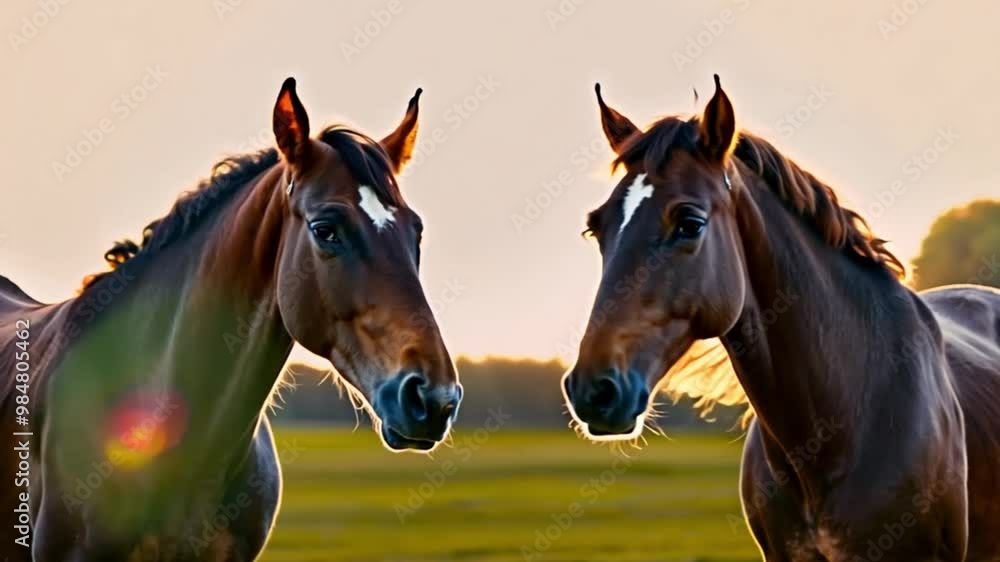 Two horses facing each other at sunset, their manes glowing in the warm light. Two horses facing each other at sunset, their manes glowing in the warm light.