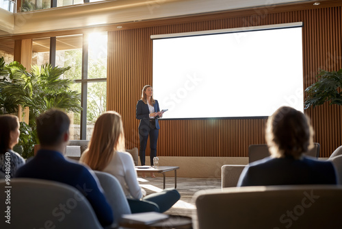 Professional Business Presentation in Bright, Spacious Conference Room with Natural Light and Engaged Audience 