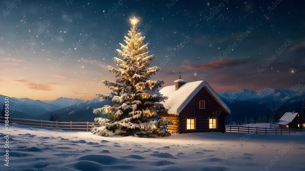 Christmas in a winter landscape featuring a central Christmas tree, surrounded by cozy wooden houses decorated for the holiday season Christmas in a winter landscape featuring a central Christmas tree, surrounded by cozy wooden houses decorated for the holiday season