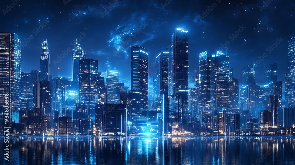 Fototapeta premium Modern skyscrapers, shimmering blue against the night sky, create a stunning view of a futuristic downtown. These successful buildings represent the power of modern architecture.