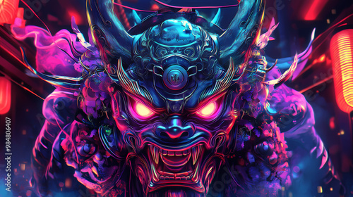 Futuristic oni mask fusion art blends traditional japanese demon mythology with neon-lit cyberpunk elements, intricate. Yokai. Illustration photo