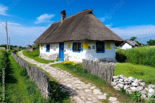 A traditional thatched-roof house in a rural village, representing vernacular architecture and local craftsmanship