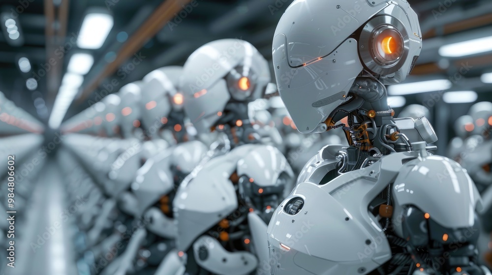 Advanced AI-powered manufacturing robots in a factory. Advanced AI-powered manufacturing robots in a factory.