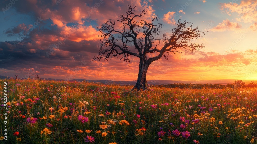 Fototapeta premium Panoramic View of a Wildflower Meadow at Sunset
