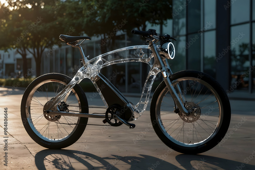 Fototapeta premium A sleek, modern electric bicycle parked on a sidewalk in front of a building with large windows. The bicycle features a transparent frame and appears to have a futuristic design.