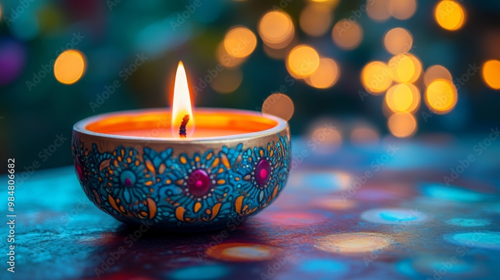 Diwali candles on a table celebration with a colorful background Diwali candles on a table celebration with a colorful background