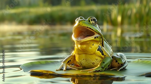 A bullfrog sitting on a lily pad in a calm pond, its throat inflating as it croaks photo