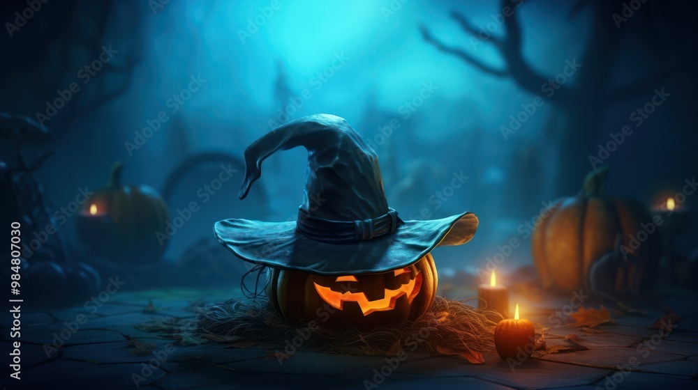 Fototapeta premium Halloween Pumpkin in a Witch Hat