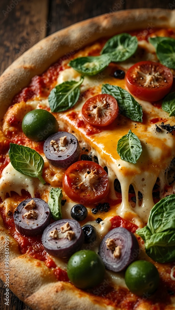 Close-up of pizza with vibrant toppings on a rustic background. Close-up of pizza with vibrant toppings on a rustic background.