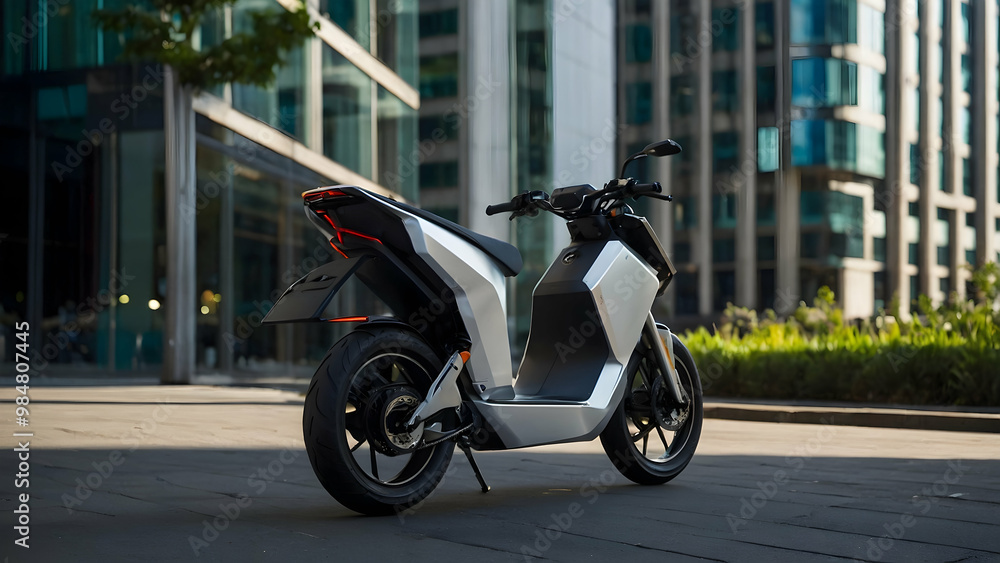 A sleek, modern electric scooter parked in front of a building with large glass windows. The scooter has a minimalist design with white body panels and black accents, giving it a futuristic appearance A sleek, modern electric scooter parked in front of a building with large glass windows. The scooter has a minimalist design with white body panels and black accents, giving it a futuristic appearance
