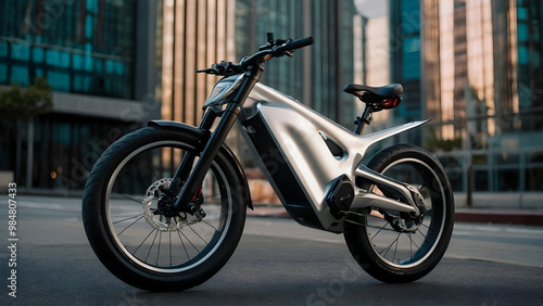 An electric bike parked on a city street. The bike has a sleek design with a futuristic appearance, featuring a silver frame and black tires.  photo