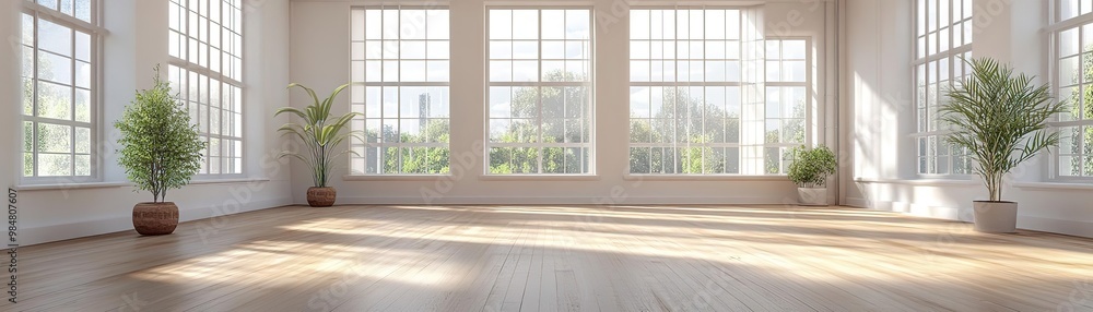 Bright and spacious room with large windows, wooden floor, and greenery. Perfect for a modern aesthetic or interior design. Bright and spacious room with large windows, wooden floor, and greenery. Perfect for a modern aesthetic or interior design.