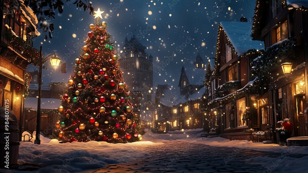 A decorated Christmas tree glowing in the center of a snowy village, with multicolored ornaments reflecting soft lights. A decorated Christmas tree glowing in the center of a snowy village, with multicolored ornaments reflecting soft lights.