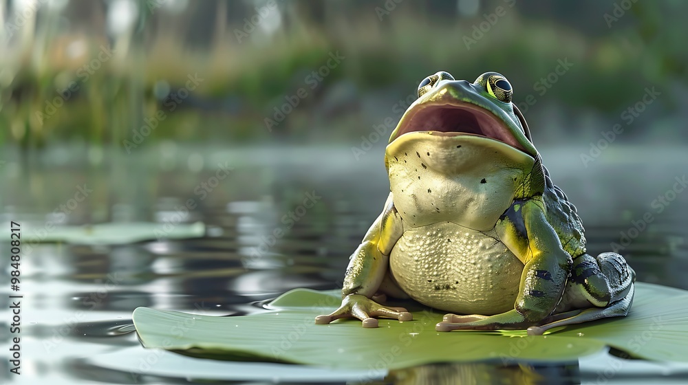 Obraz premium A bullfrog sitting on a lily pad in a calm pond, its throat inflating as it croaks