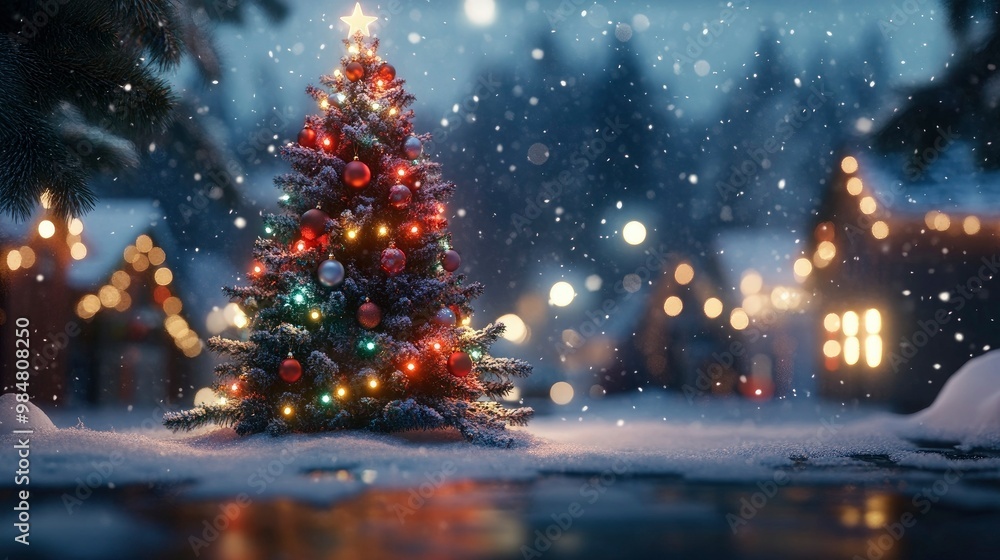 A decorated Christmas tree glowing in the center of a snowy village, with multicolored ornaments reflecting soft lights. A decorated Christmas tree glowing in the center of a snowy village, with multicolored ornaments reflecting soft lights.