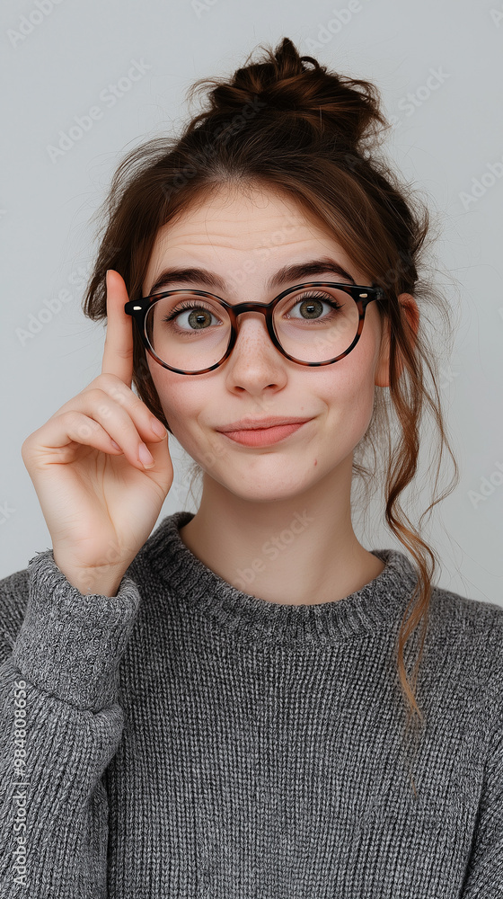A young woman in glasses with a thoughtful expression points at something with her finger A young woman in glasses with a thoughtful expression points at something with her finger