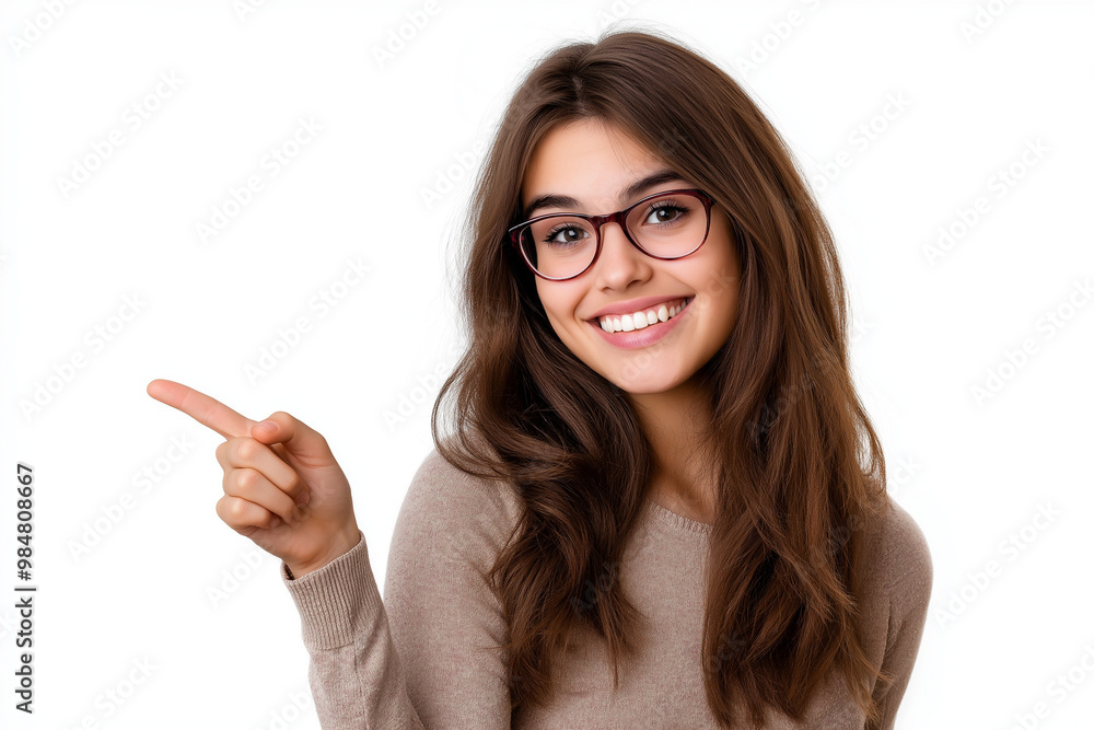 A young woman in glasses with a thoughtful expression points at something with her finger A young woman in glasses with a thoughtful expression points at something with her finger