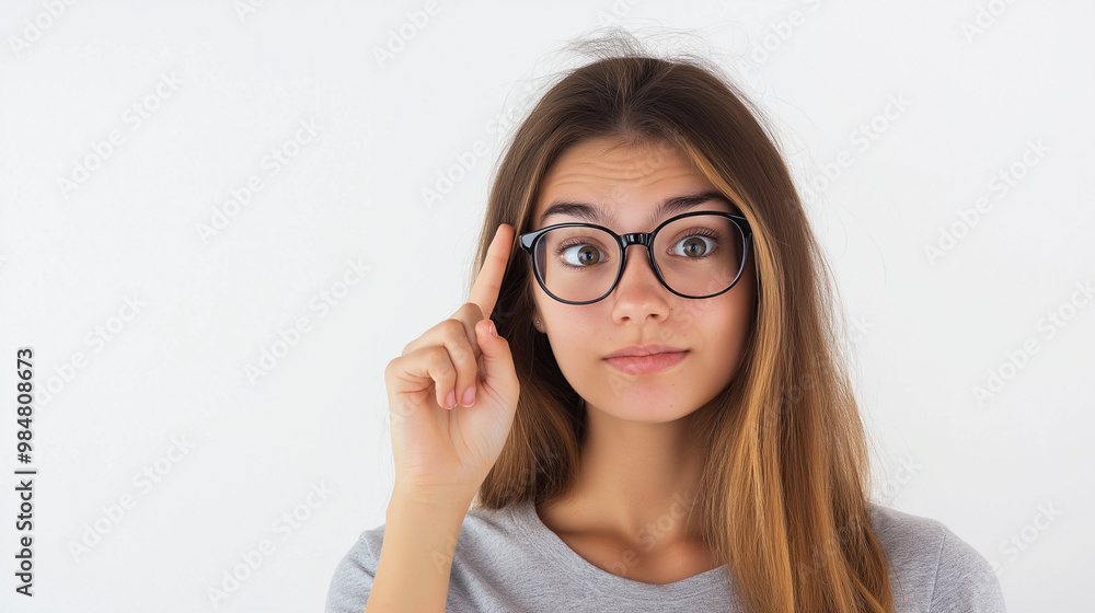 A young woman in glasses with a thoughtful expression points at something with her finger A young woman in glasses with a thoughtful expression points at something with her finger